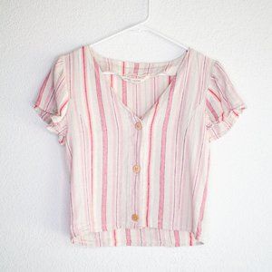 Pink Striped Boho 70s Linen Short Sleeve Button